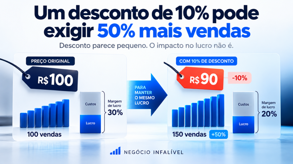 Infográfico do Negócio Infalível mostrando que um desconto de 10% pode exigir 50% mais vendas para manter o mesmo resultado
